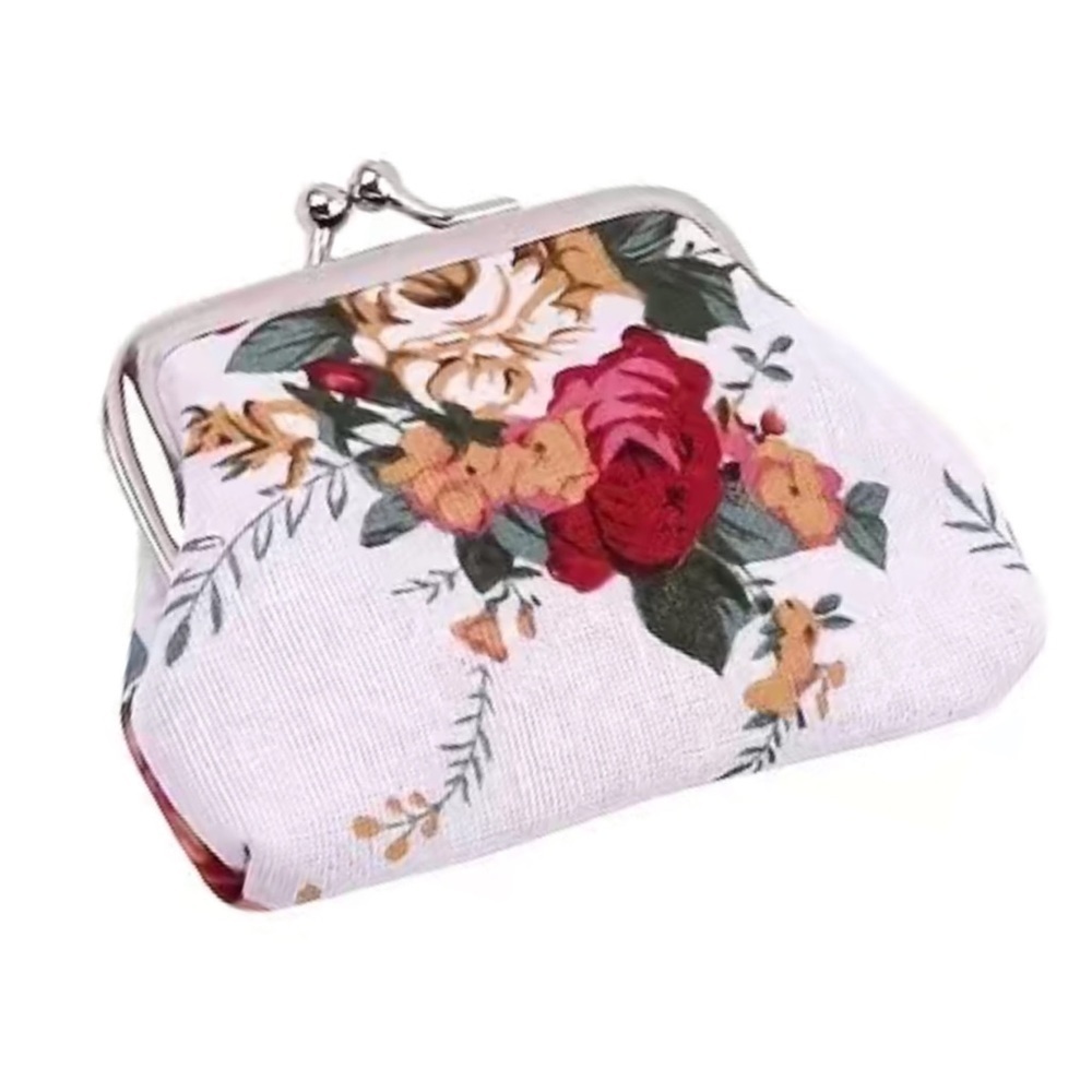 Victorian Rose Change Purse Bag French Kiss Clasp Vintage Retro White Multicolor - Picture 1 of 16